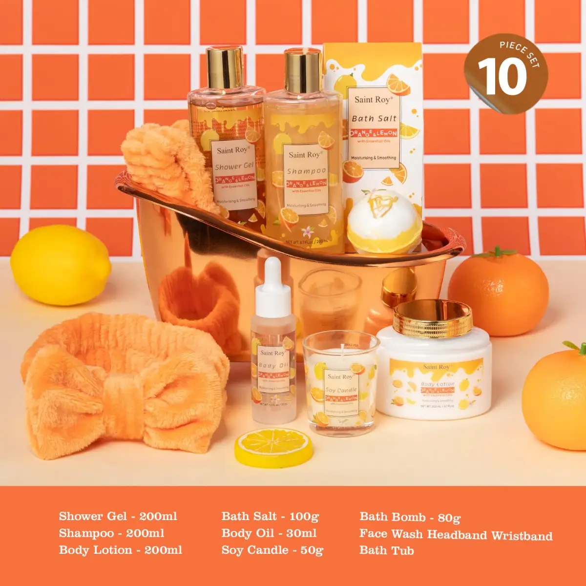 Saint Roy Orange Spa Gift Set for Women | 11-Piece Bath & Body Care Set with Reusable Bathtub - view 2