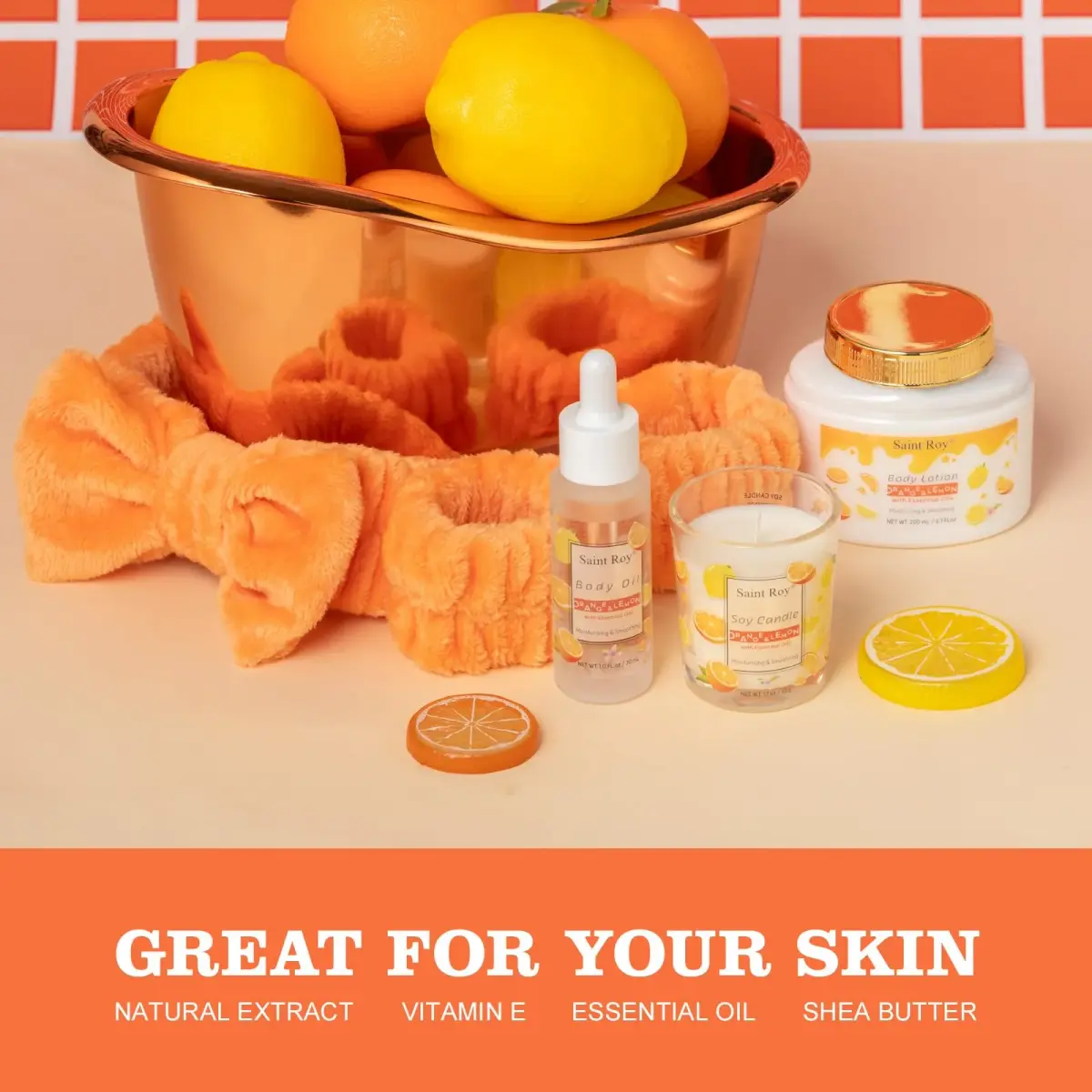 Saint Roy Orange Spa Gift Set for Women | 11-Piece Bath & Body Care Set with Reusable Bathtub - view 3