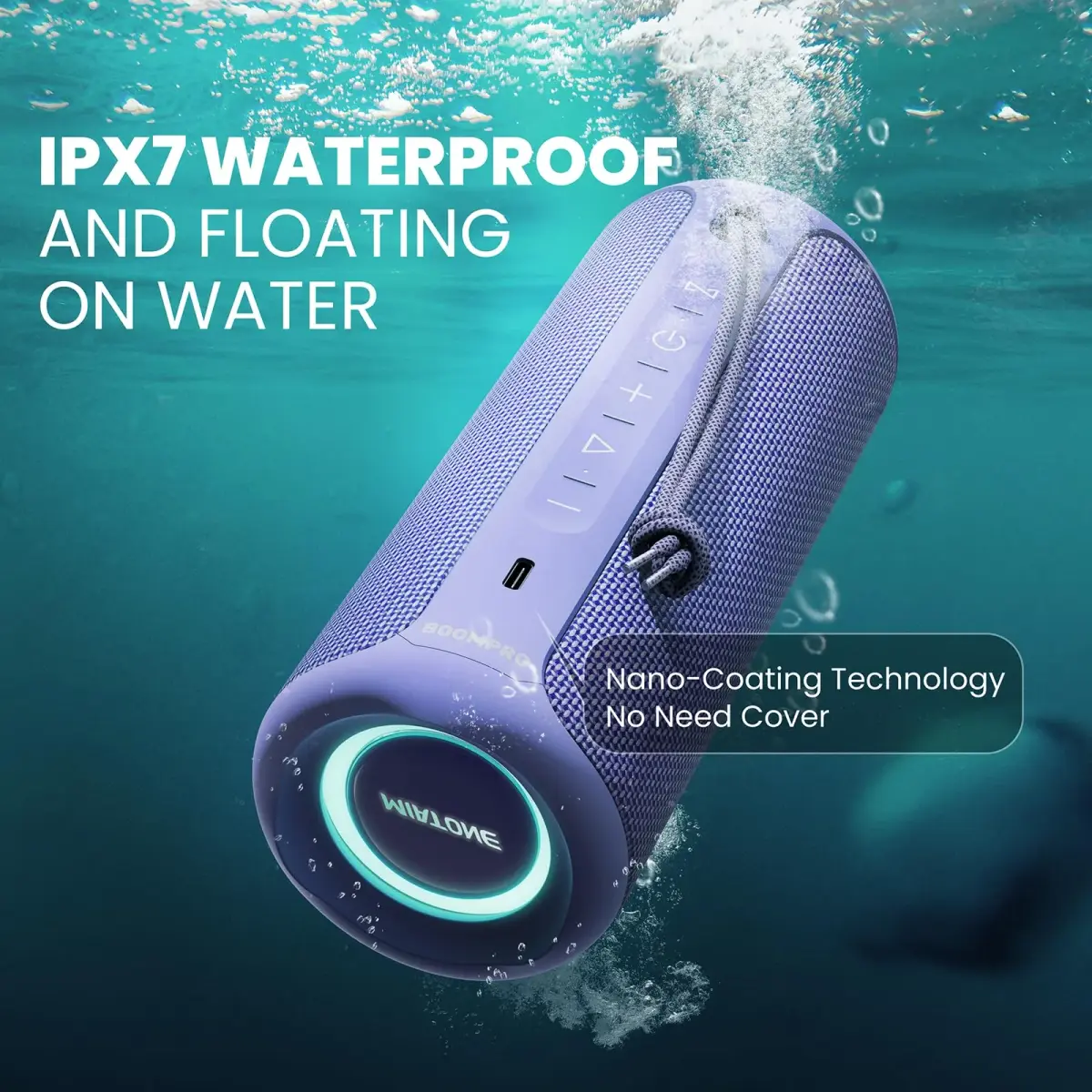 MIATONE Boompro Bluetooth Speaker 36W Stereo Sound, 7.4"H x 3.07"D x 3.07"W | Purple, IPX7 Waterproof - view 6