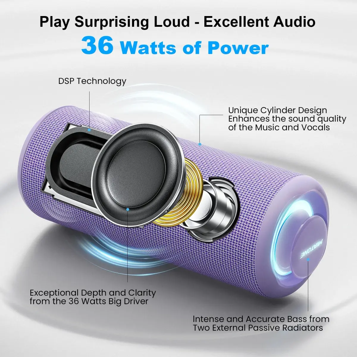 MIATONE Boompro Bluetooth Speaker 36W Stereo Sound, 7.4"H x 3.07"D x 3.07"W | Purple, IPX7 Waterproof - view 2