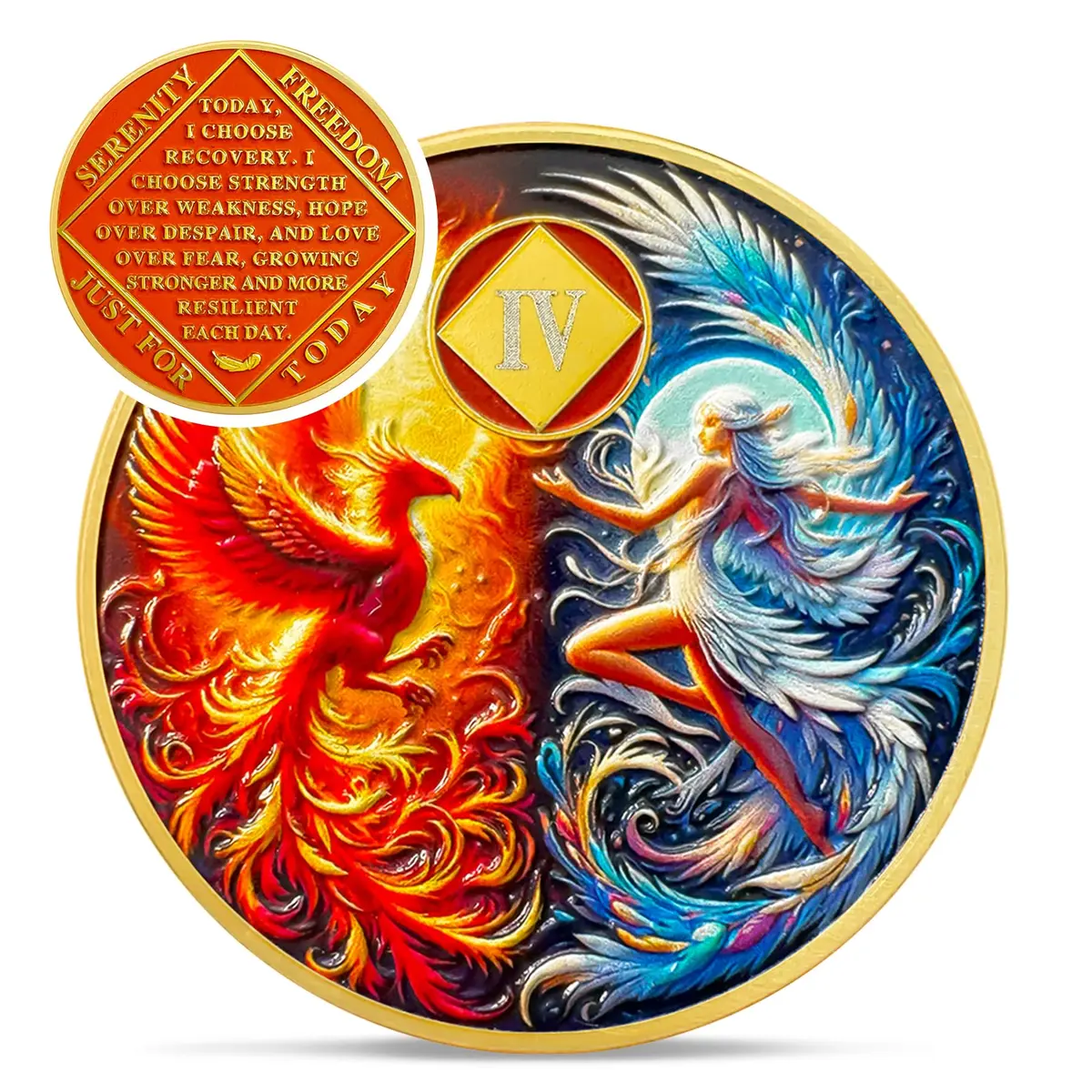 IELCJJ Phoenix Fairy 4 Year Na Medallions | Sun & Moon Sobriety Coin, 1.37" Diameter, Gold Plated, Recovery Milestone - main product image
