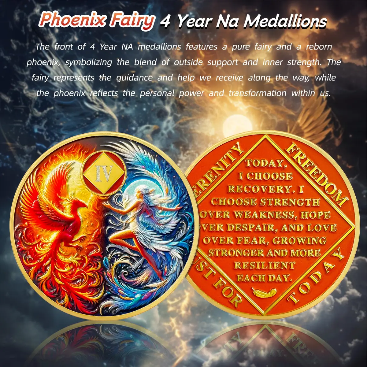 IELCJJ Phoenix Fairy 4 Year Na Medallions | Sun & Moon Sobriety Coin, 1.37" Diameter, Gold Plated, Recovery Milestone - view 2