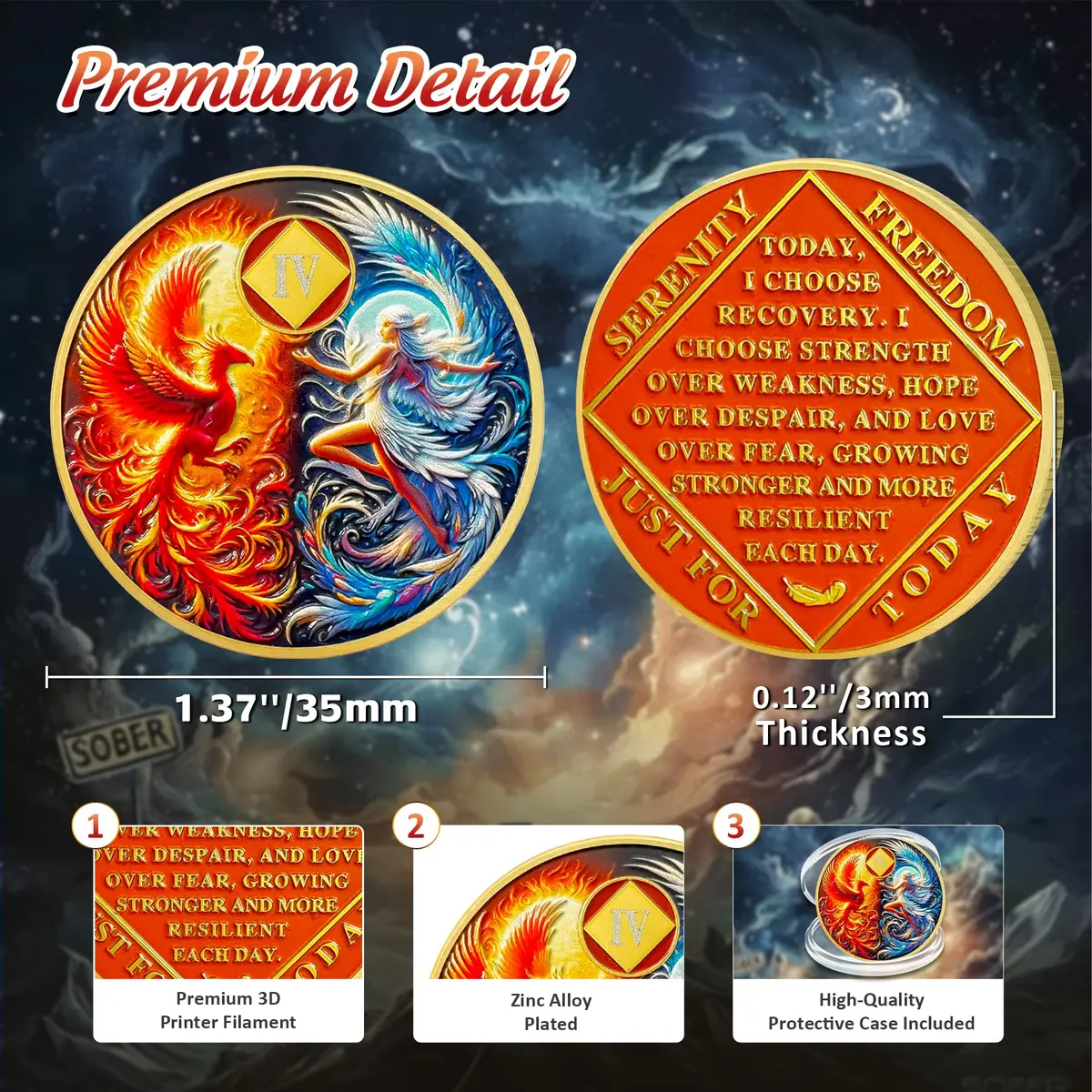 IELCJJ Phoenix Fairy 4 Year Na Medallions | Sun & Moon Sobriety Coin, 1.37" Diameter, Gold Plated, Recovery Milestone - view 3