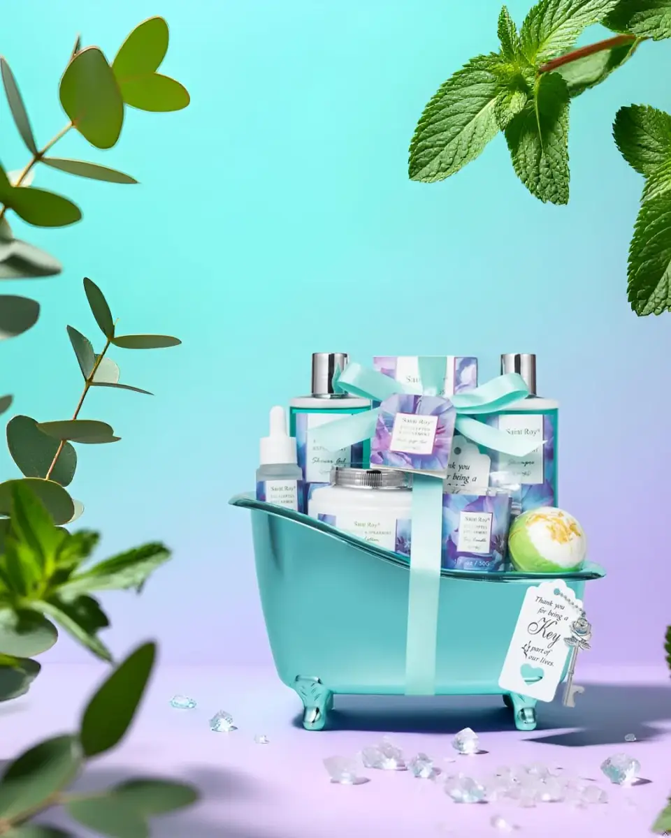 Saint Roy Eucalyptus & Mint Spa Gift Basket for Women - 9-Piece Set | 210ml (7.1 Fl Oz) Body Wash & Bubble Bath - view 4