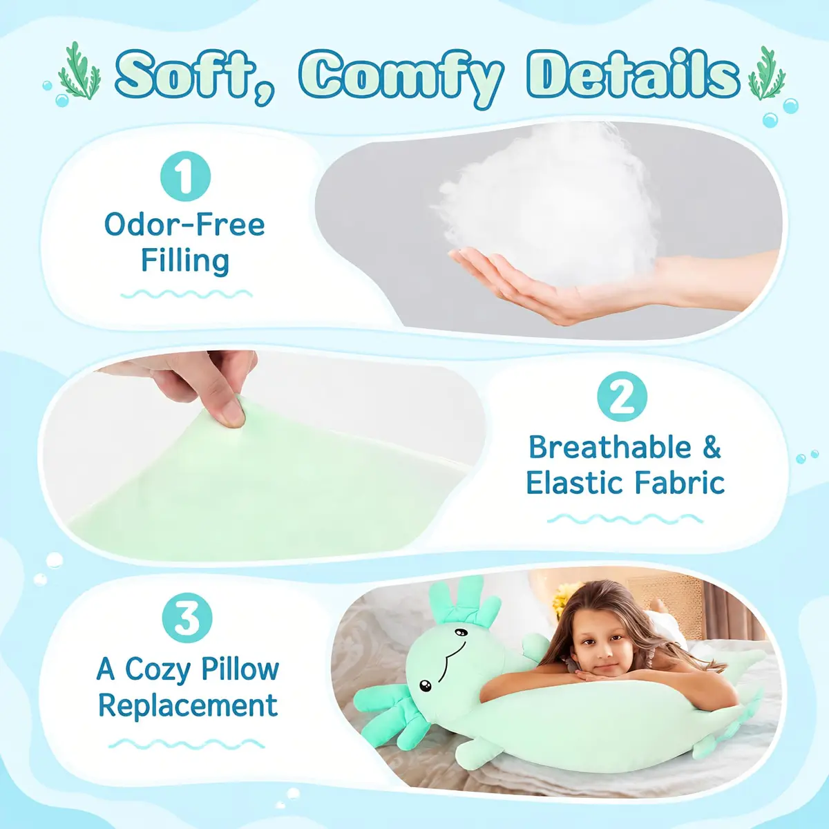 Tezituor Axolotl Plush Body Pillow 48 inch | Glow-in-Dark, Allergy-Free, Cute for Kids & Teens - view 4