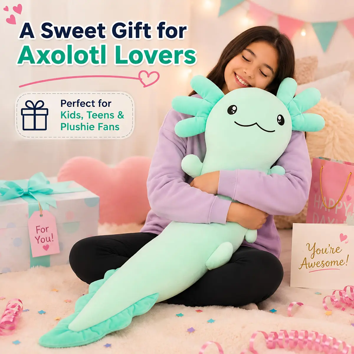 Tezituor Axolotl Plush Body Pillow 48 inch | Glow-in-Dark, Allergy-Free, Cute for Kids & Teens - view 3