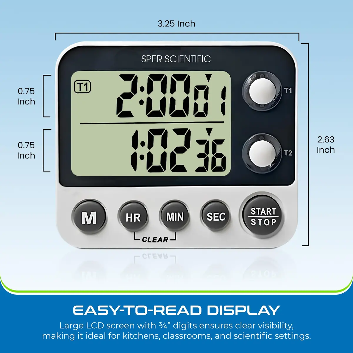 Sper Scientific 2 Channel Digital Lab Kitchen Timer 8.89cm (3.5in) | Dual Countdown Timer with Large Display & Loud Alarm - view 3