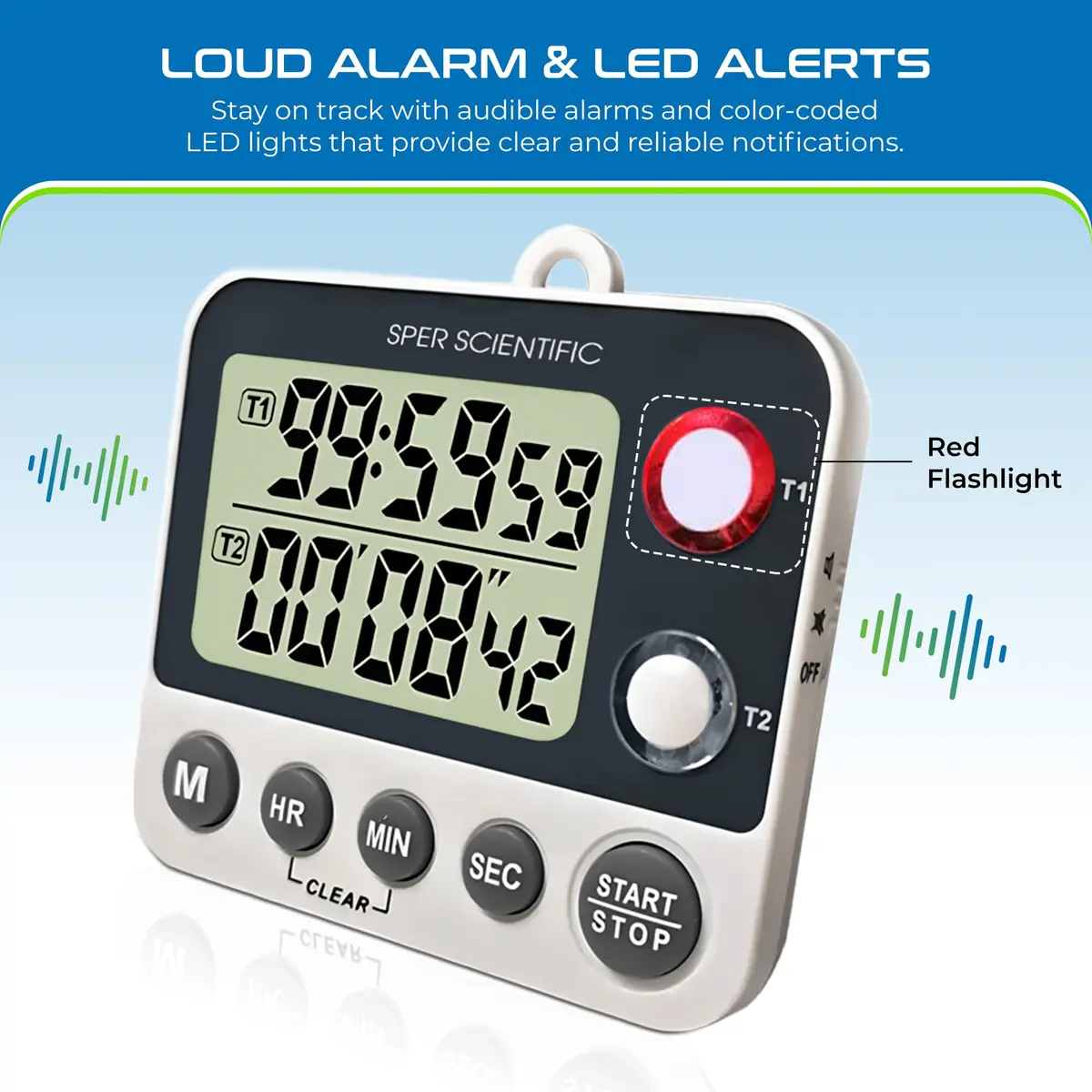 Sper Scientific 2 Channel Digital Lab Kitchen Timer 8.89cm (3.5in) | Dual Countdown Timer with Large Display & Loud Alarm - view 4