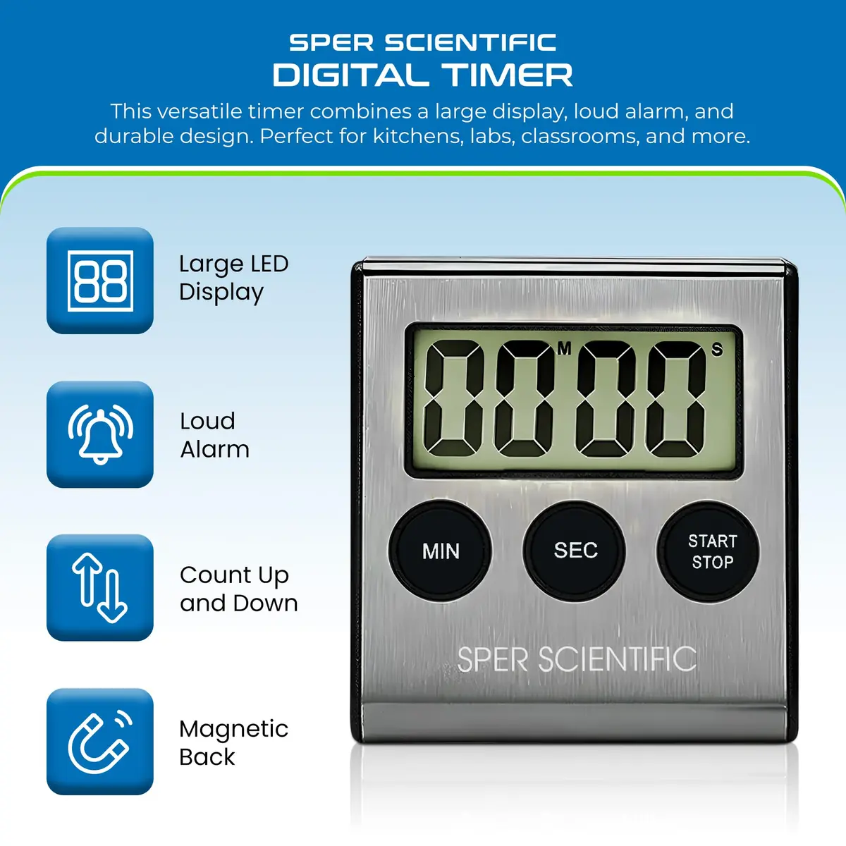Sper Scientific Stainless Steel Digital Lab Timer 810028A – Compact with Large Display & Loud Alarm (1 Pack) - view 2