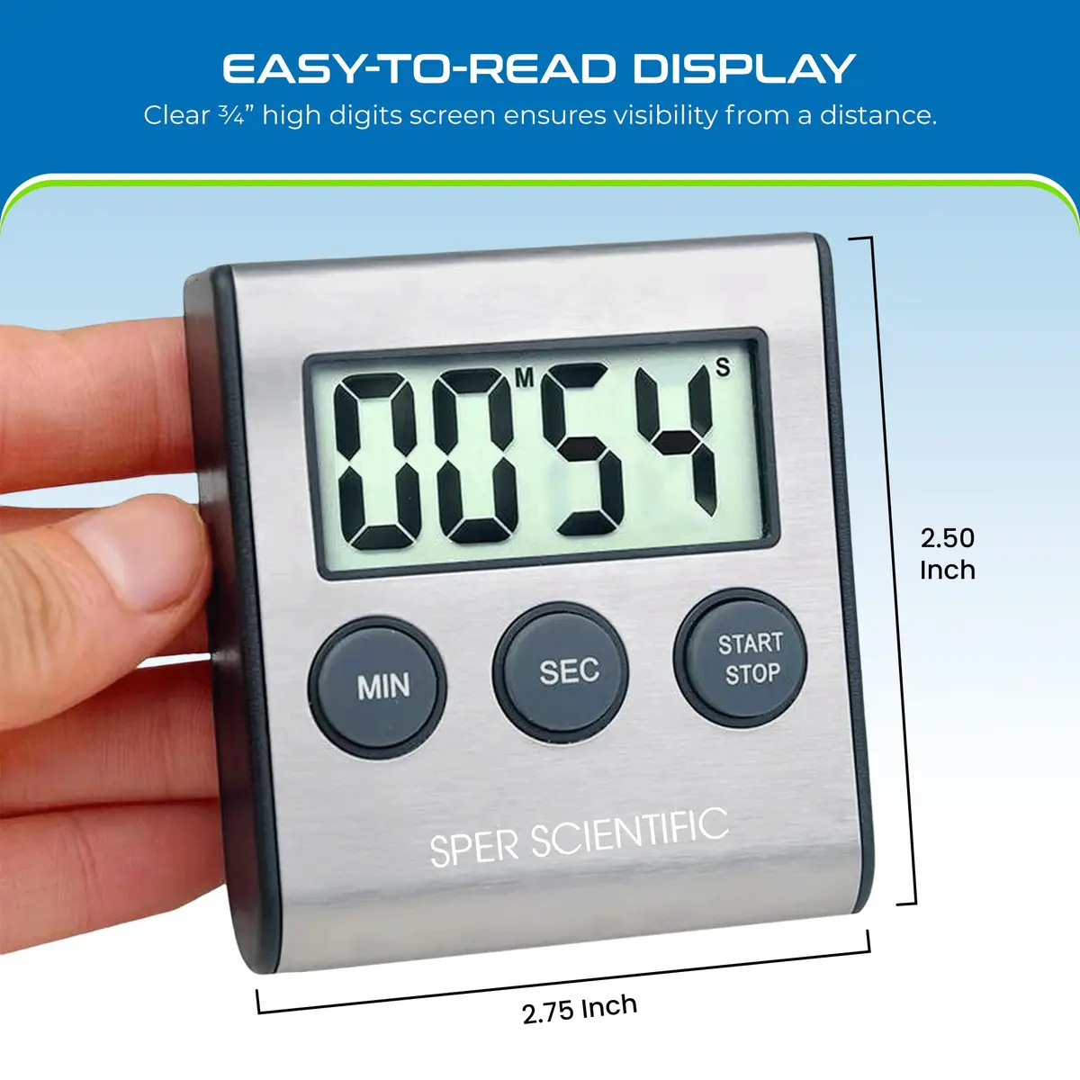 Sper Scientific Stainless Steel Digital Lab Timer 810028A – Compact with Large Display & Loud Alarm (1 Pack) - view 3