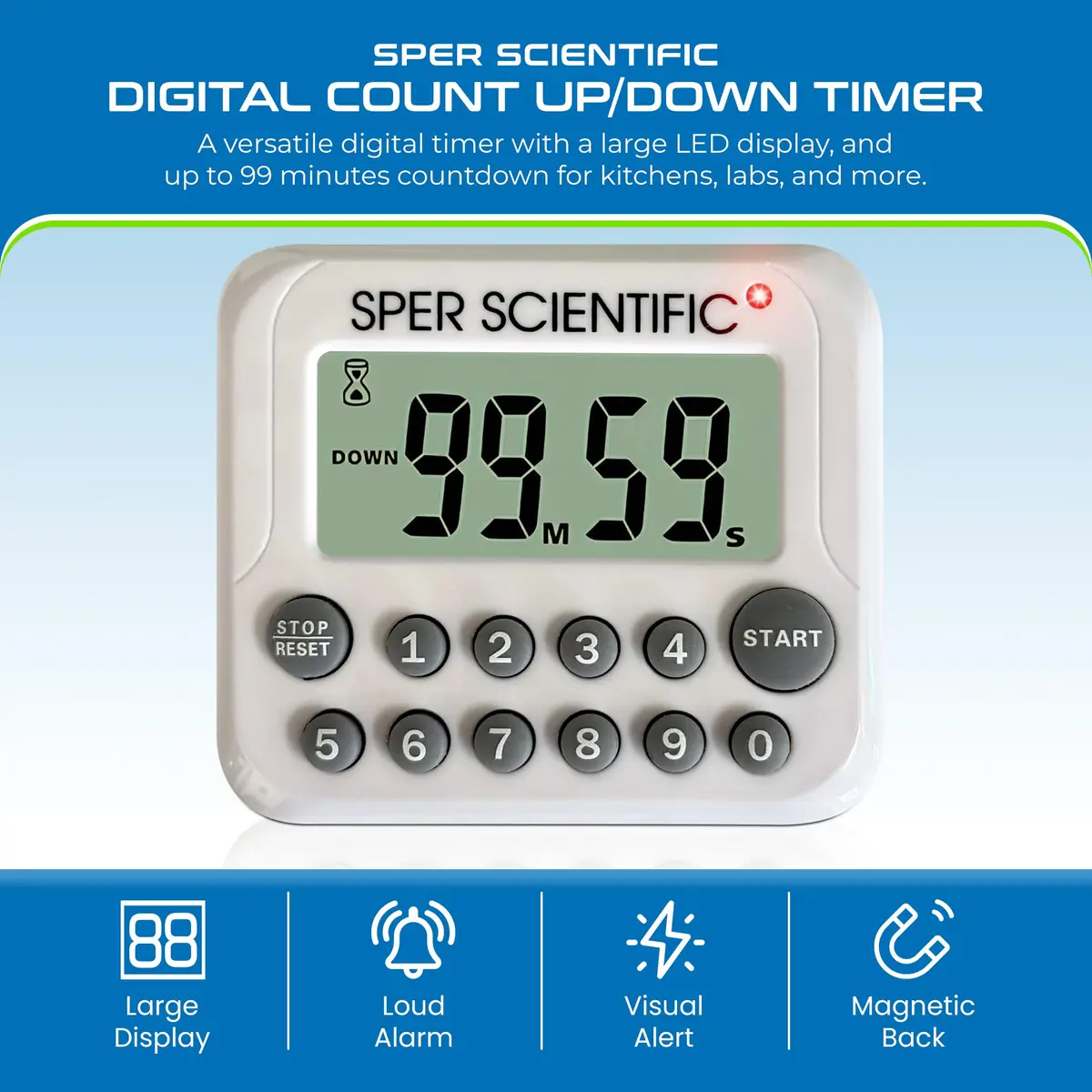 Sper Scientific Digital Count Up/Down Timer 810003 with Large Display & Loud Alarm | 99-Minute Countdown Timer for Labs, Cooking, Workouts, Classroom - view 2