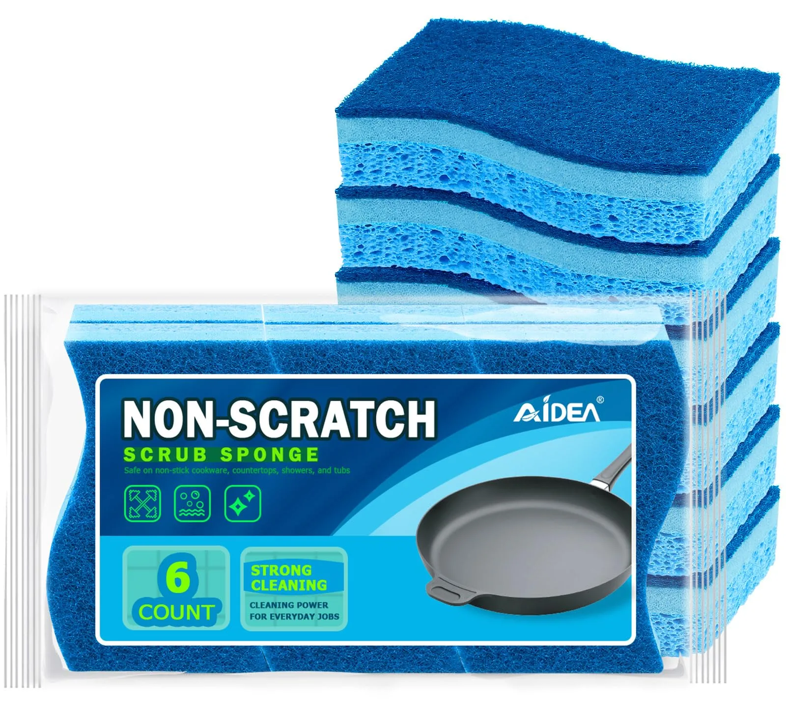 AIDEA Non-Scratch Scrub Sponges with Scouring Pad, 6-Count, Light Blue | Biodegradable Kitchen Cleaning Power - main product image