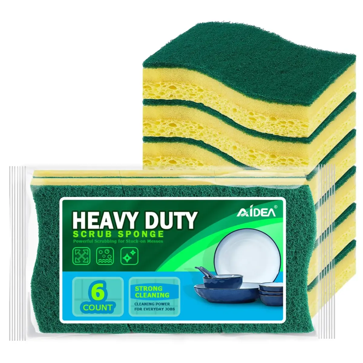 AIDEA Heavy-Duty Scrub Sponges, 6 Count, Light-Green | Cellulose Cleaning Sponge for Kitchen & Dishes - main product image