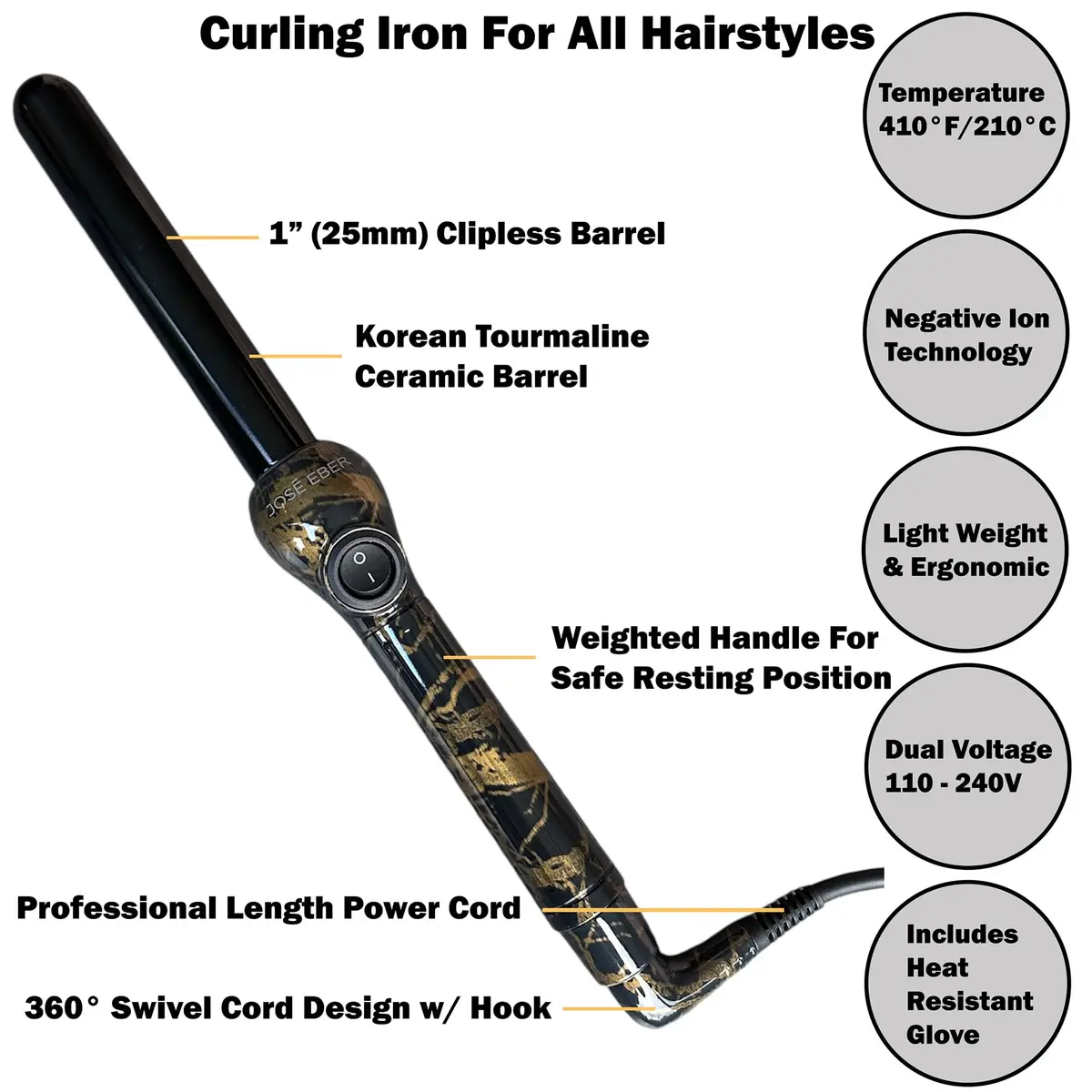 José Eber Clipless Curling Iron 1 in | Tourmaline Ceramic Wand for Glamorous Waves - view 3
