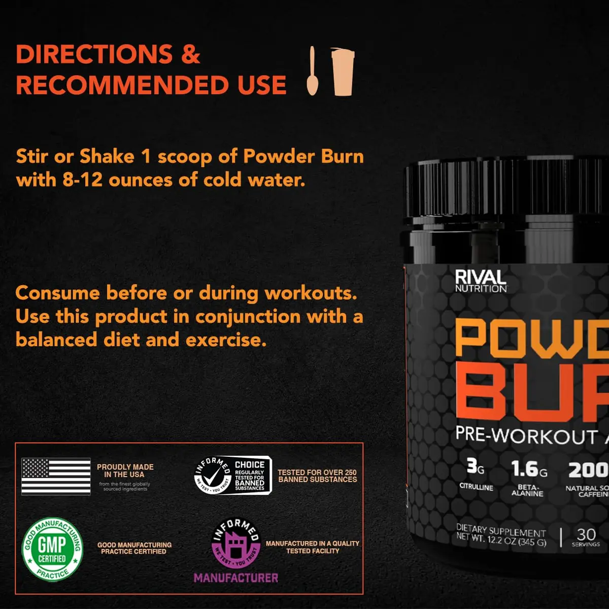 Rival Nutrition Powder Burn Blue Raspberry | Pre-Workout Energy & Electrolyte Blend (12.2 oz) - view 6
