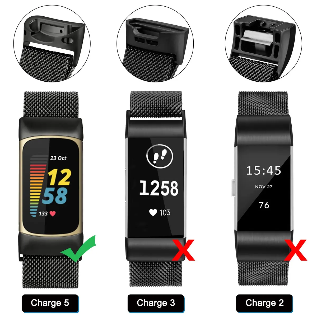 AK Metal Band Compatible with Fitbit Charge 6, Black Stainless Steel Mesh Loop Magnetic Replacement Strap | Adjustable Fit for 135-215mm Wrists - view 2