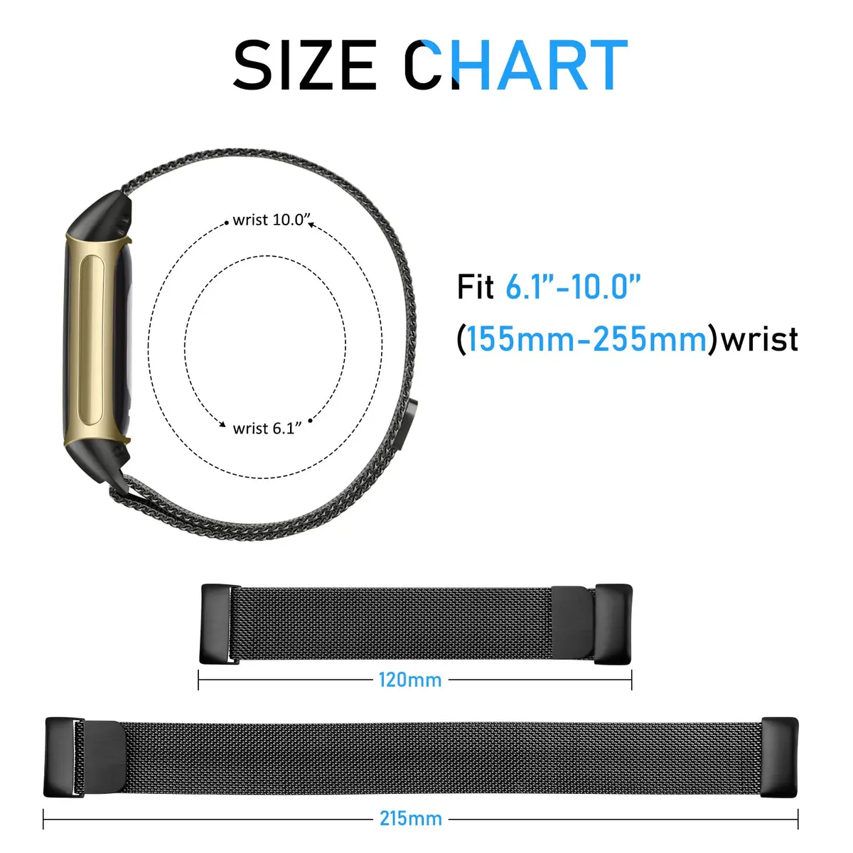AK Metal Band Compatible with Fitbit Charge 6, Black Stainless Steel Mesh Loop Magnetic Replacement Strap | Adjustable Fit for 135-215mm Wrists - view 3