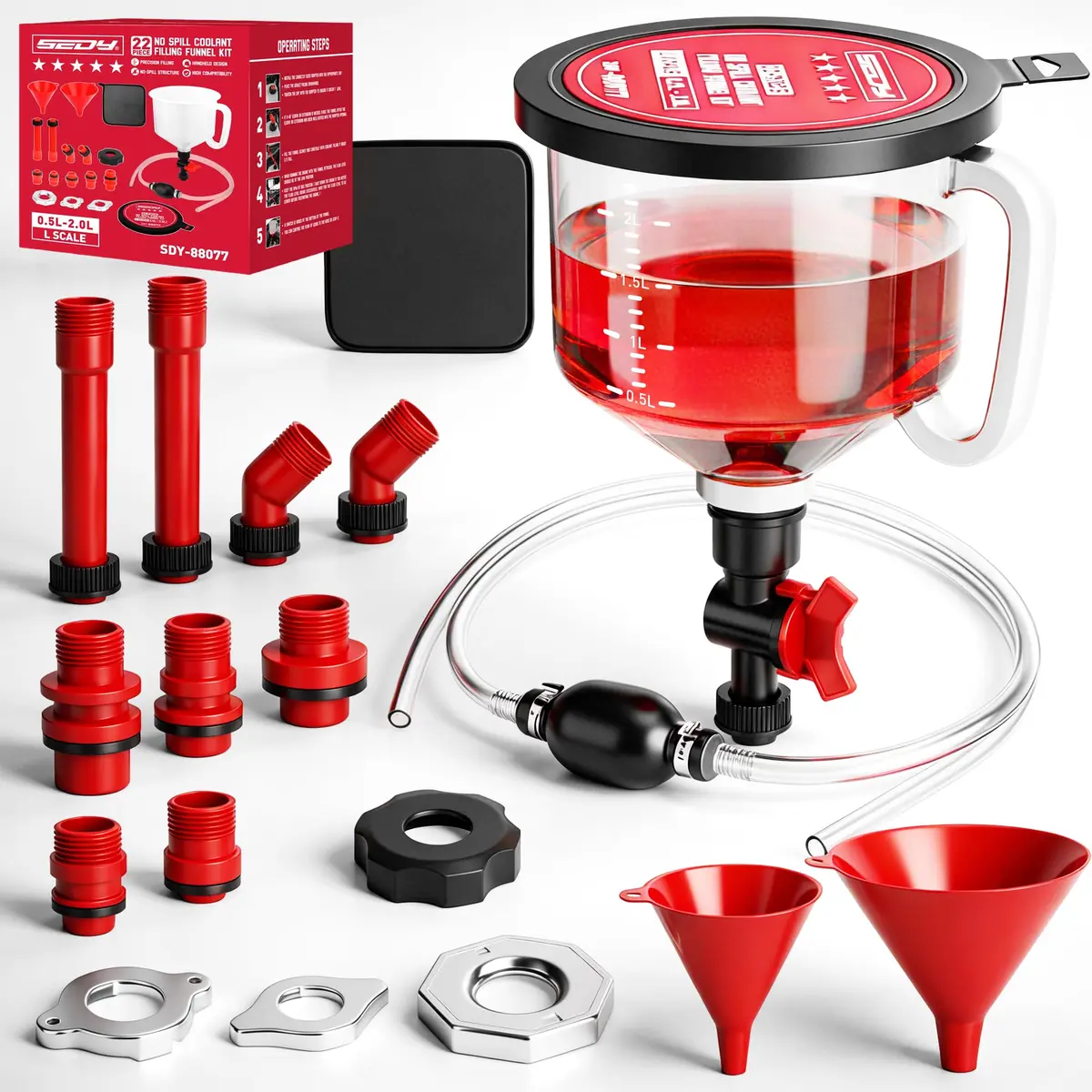 SEDY 22-Piece No-Spill Coolant Filling Funnel Kit and Siphon Hose Pump | Spill-Proof Automotive Fluid Transfer Tool - main product image
