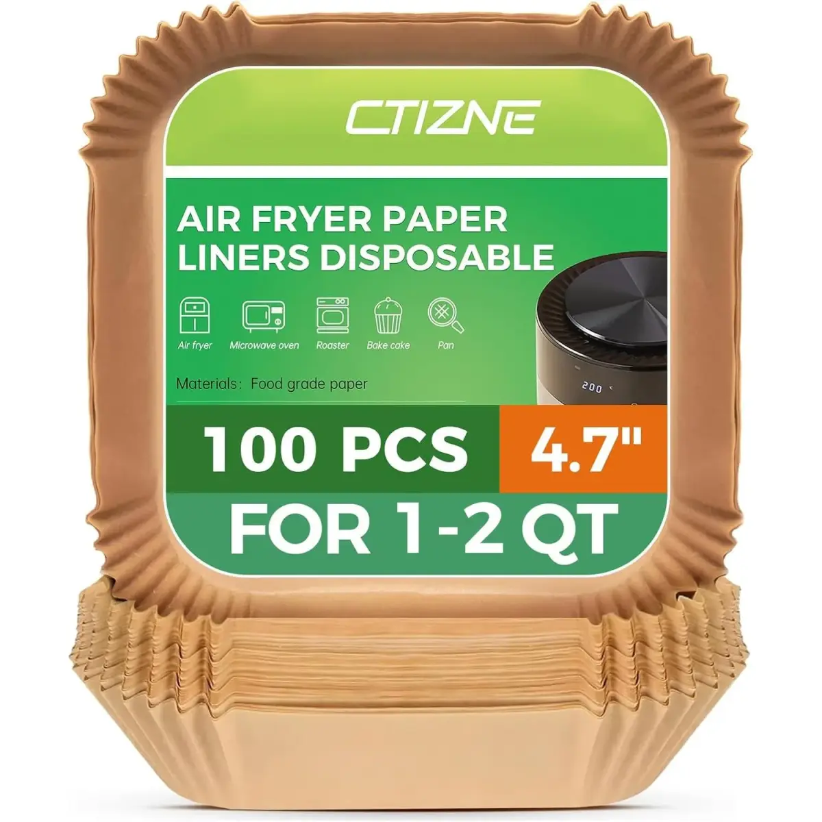 ctizne Air Fryer Liners Disposable, 100Pcs Parchment Paper 4.7" Square | Food Grade Non-Stick for 1-2QT Air Fryers - main product image