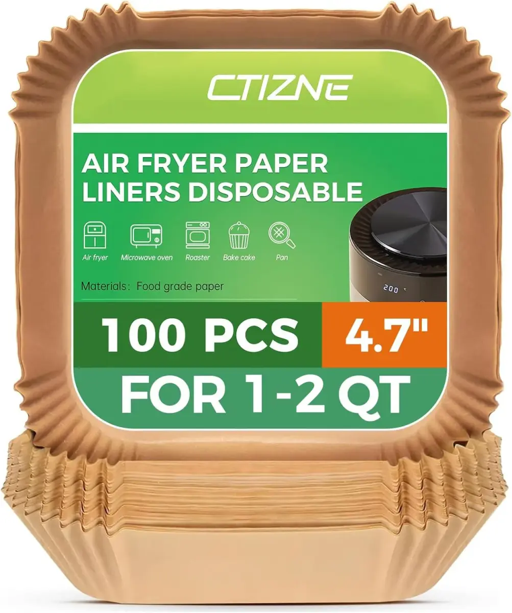 ctizne Air Fryer Liners Disposable, 100Pcs Parchment Paper 4.7" Square | Food Grade Non-Stick for 1-2QT Air Fryers - main product image