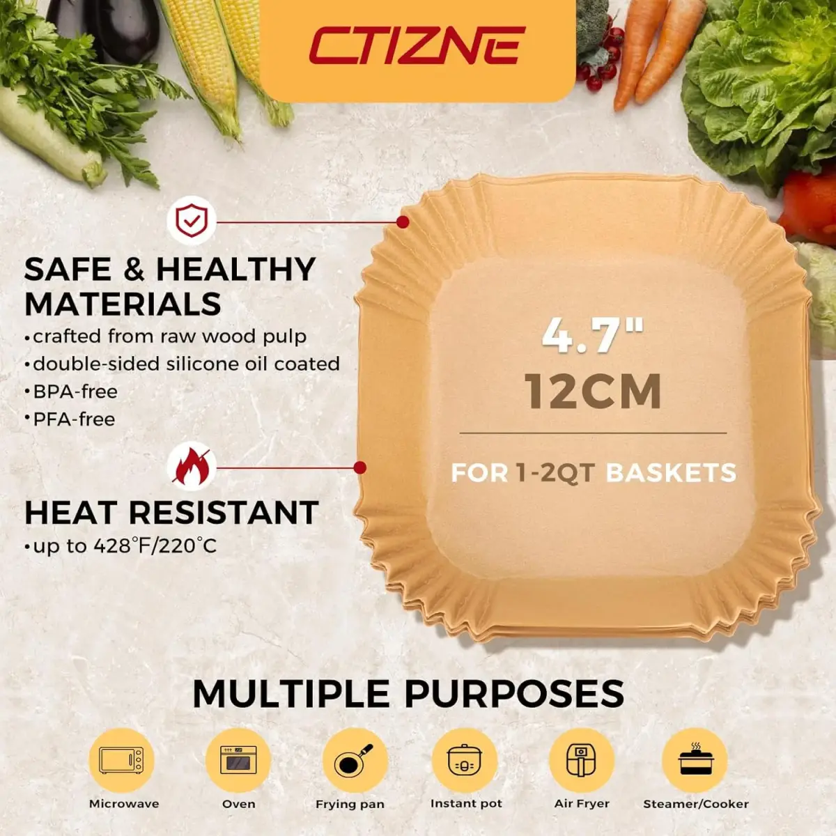 ctizne Air Fryer Liners Disposable, 100Pcs Parchment Paper 4.7" Square | Food Grade Non-Stick for 1-2QT Air Fryers - view 2