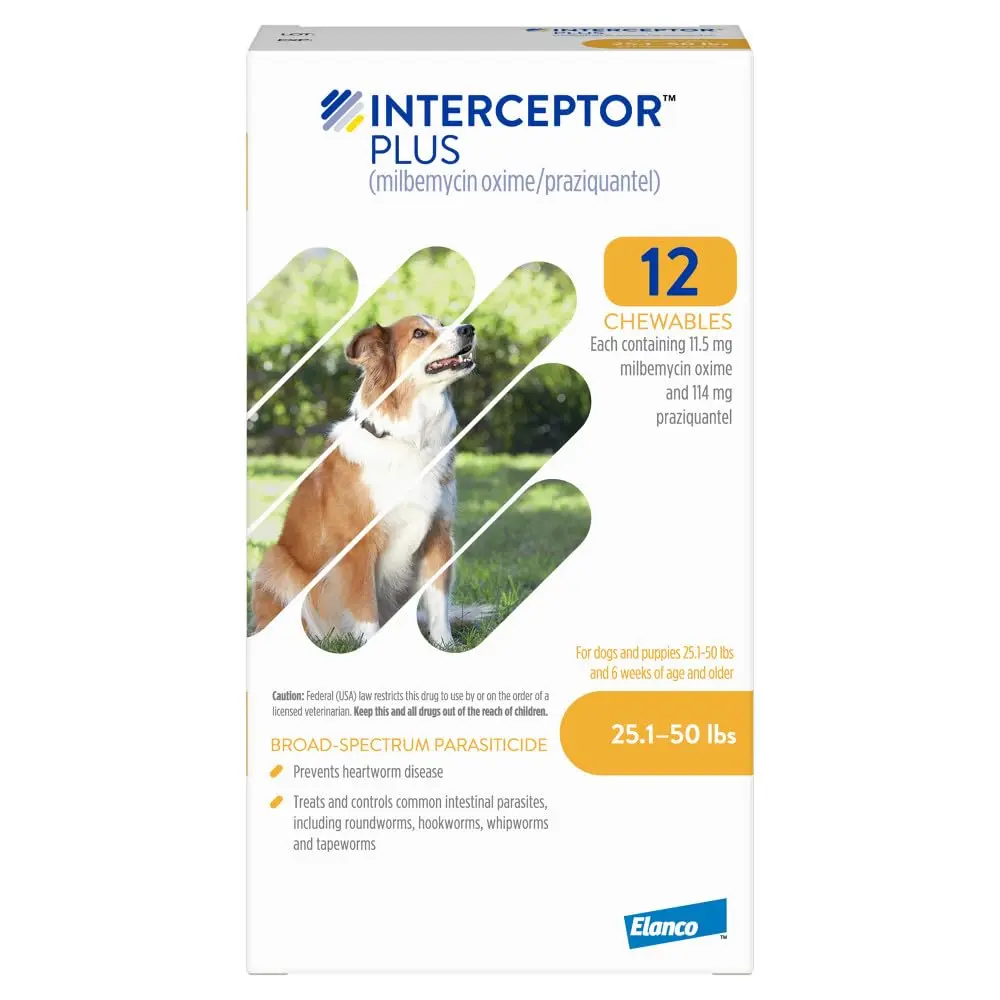 Interceptor Plus Monthly Tablets for Dogs 25.1-50 lbs. | 5-in-1 Heartworm & Worm Protection - main product image