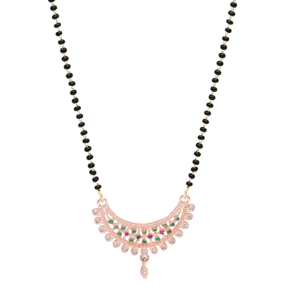 I Jewels Rose Gold Plated Indian Wedding Bollywood Single Line CZ Diamond Pendant with Black Bead Chain Mangalsutra for Women (D119) | Traditional & Modern - main product image