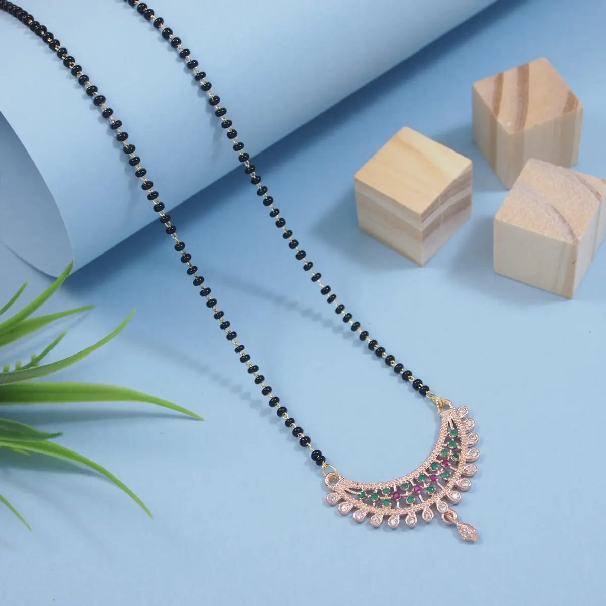I Jewels Rose Gold Plated Indian Wedding Bollywood Single Line CZ Diamond Pendant with Black Bead Chain Mangalsutra for Women (D119) | Traditional & Modern - view 2