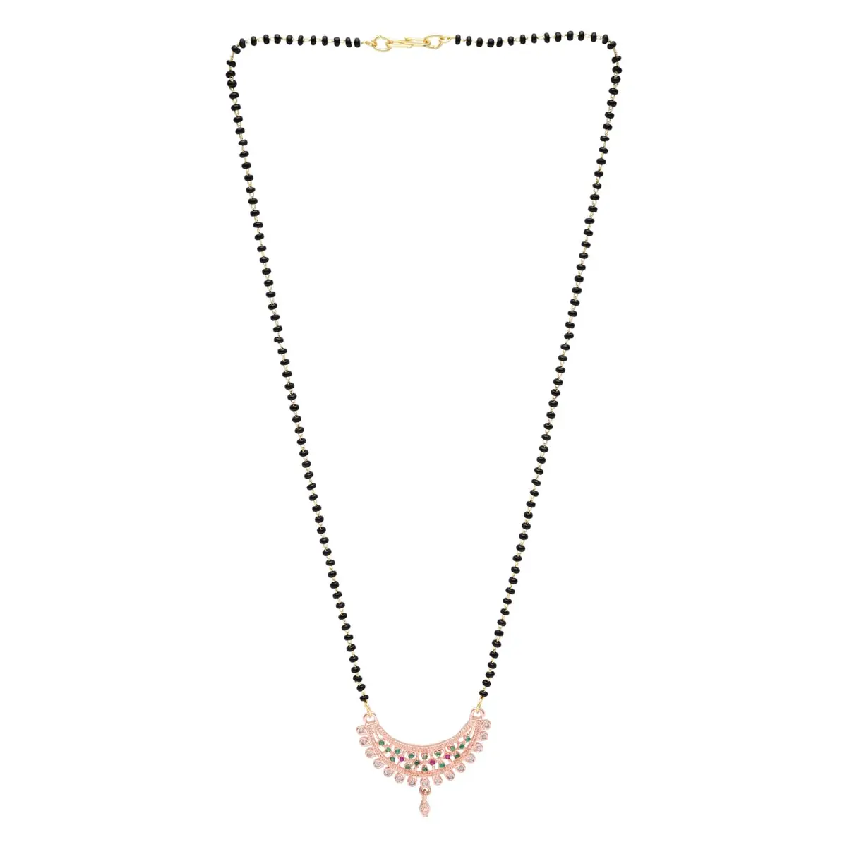 I Jewels Rose Gold Plated Indian Wedding Bollywood Single Line CZ Diamond Pendant with Black Bead Chain Mangalsutra for Women (D119) | Traditional & Modern - view 3