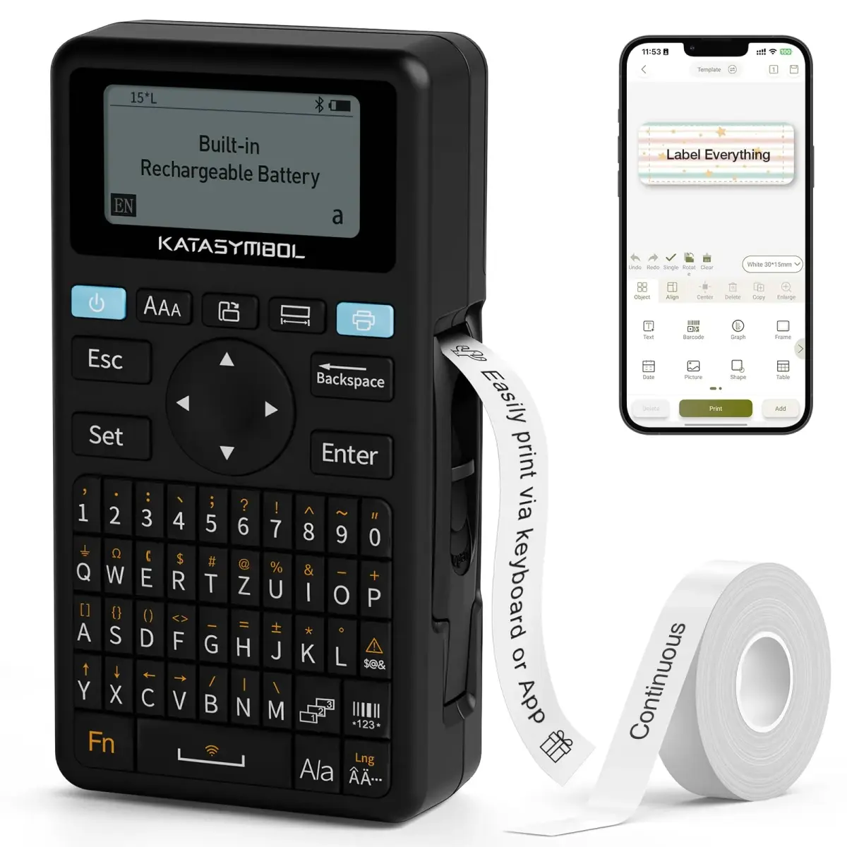 SUPVAN E11 Bluetooth Label Maker Machine with Keyboard & App, 203 dpi, Black | Rechargeable, Inkless, Portable - main product image