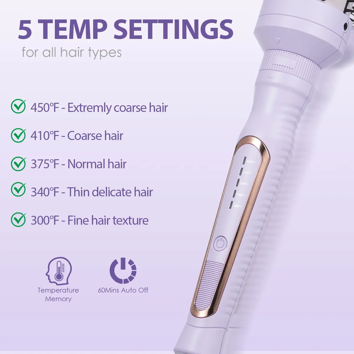 Sonew Heated Round Brush Set 1.25"/1.5"/1.75" | 3 Sizes for All Hair Types, 290-450°F, Dual Voltage, Lilac - view 7