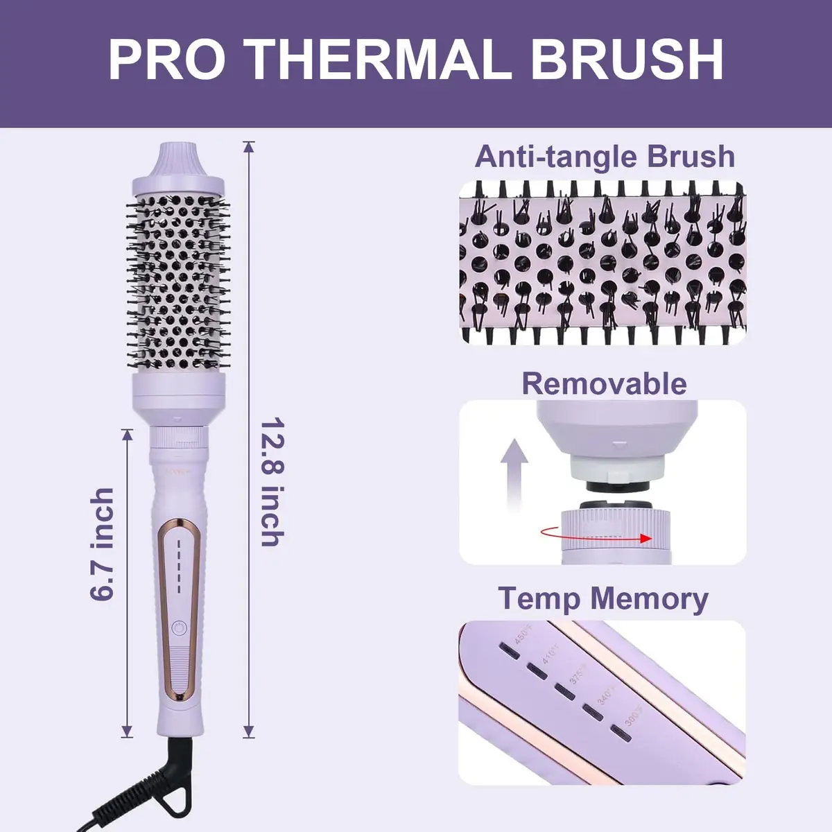 Sonew Heated Round Brush Set 1.25"/1.5"/1.75" | 3 Sizes for All Hair Types, 290-450°F, Dual Voltage, Lilac - view 8