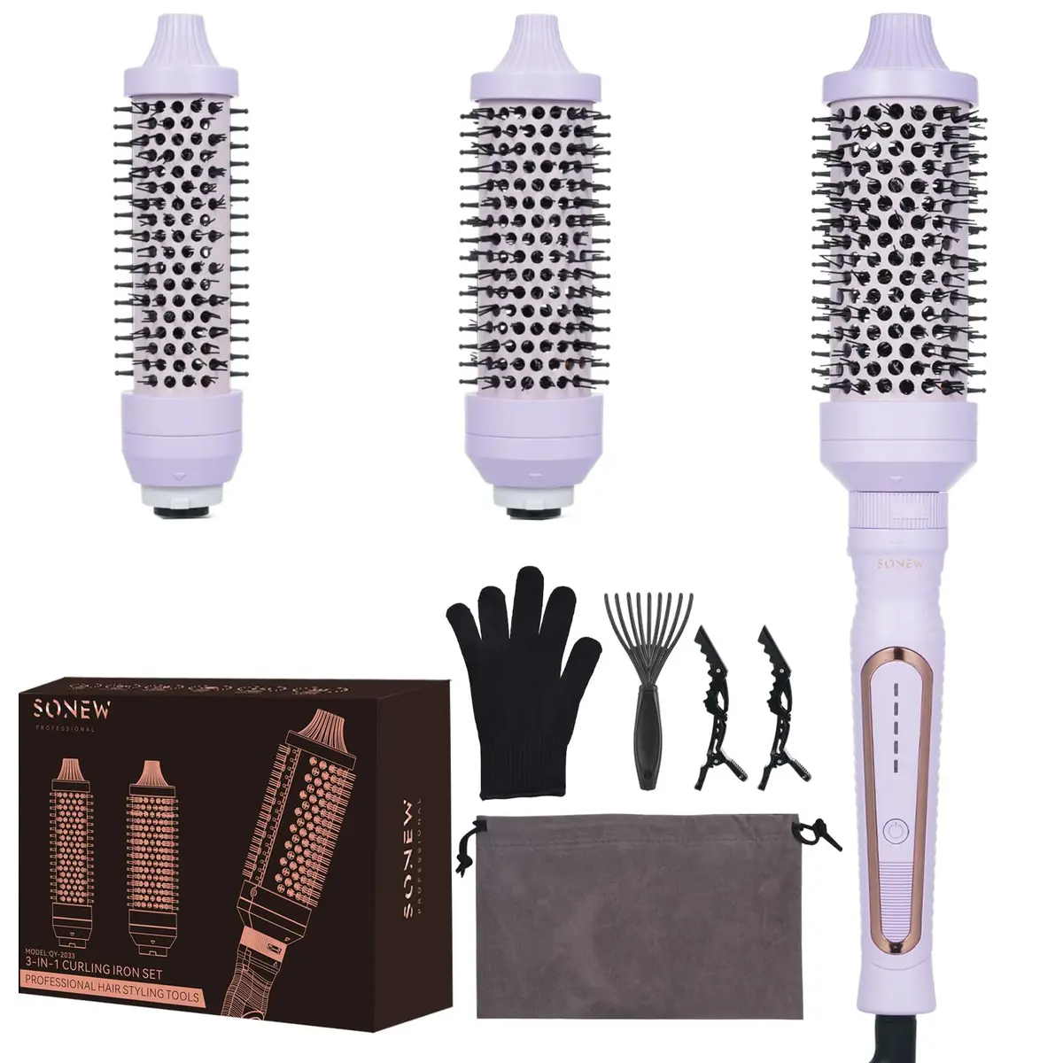 Sonew Heated Round Brush Set 1.25"/1.5"/1.75" | 3 Sizes for All Hair Types, 290-450°F, Dual Voltage, Lilac - view 9