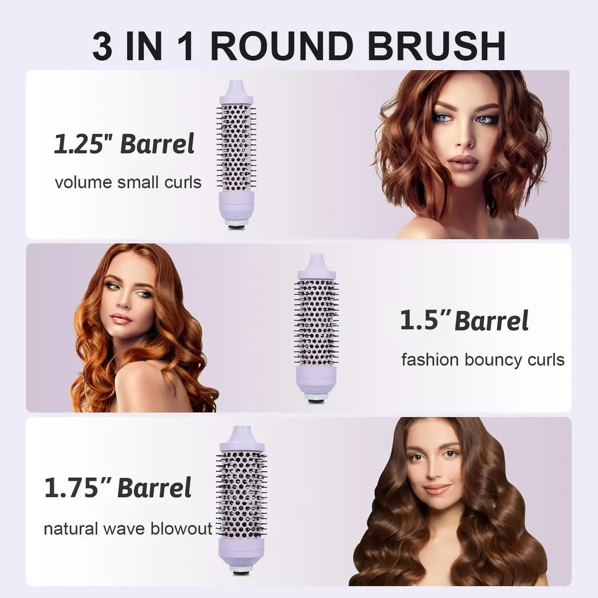 Sonew Heated Round Brush Set 1.25"/1.5"/1.75" | 3 Sizes for All Hair Types, 290-450°F, Dual Voltage, Lilac - view 3