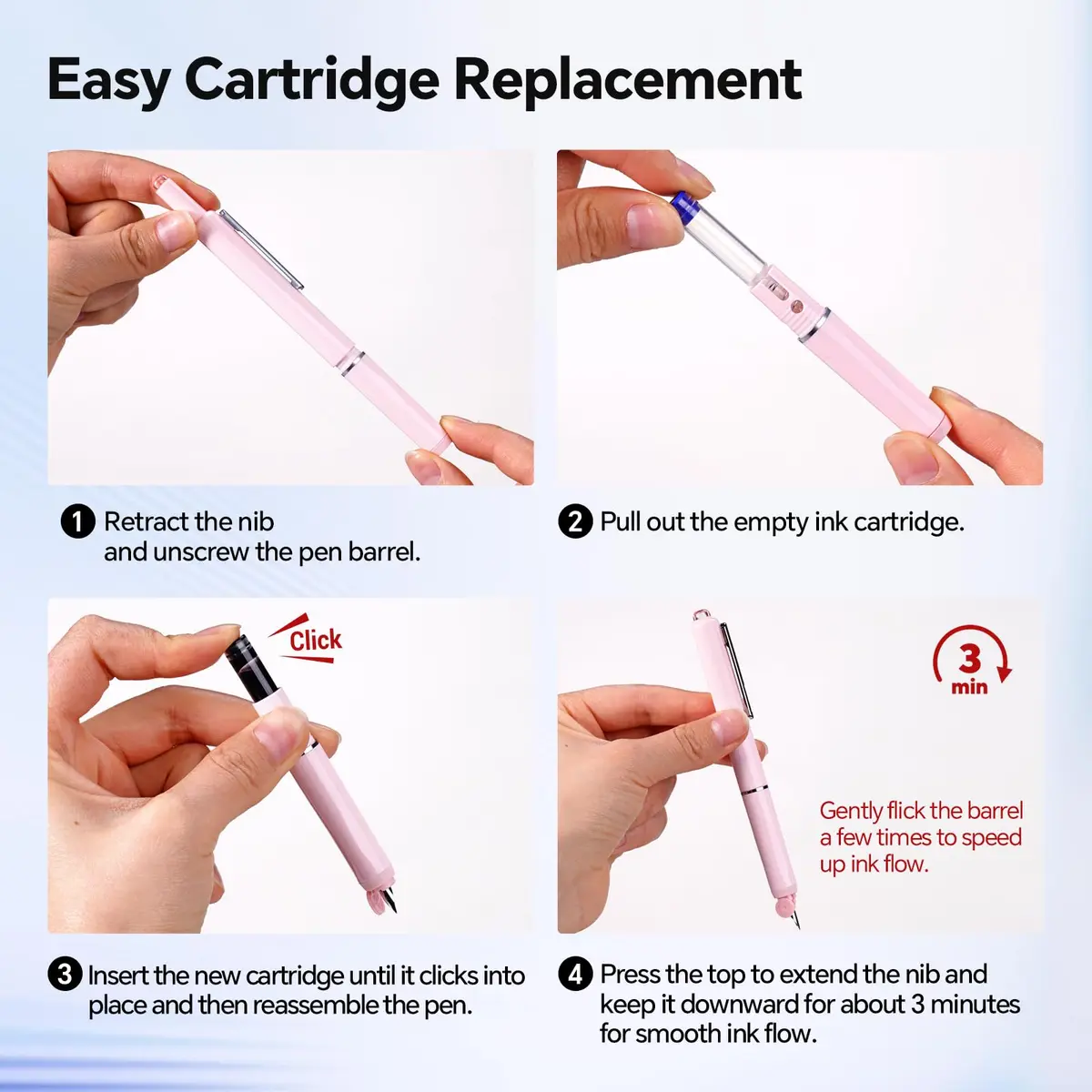 WRITECH Retractable Fountain Pen Set: Fine Nib, 5 Refill Cartridges, No Leaking, Pink | Smooth Calligraphy & Journaling - view 2