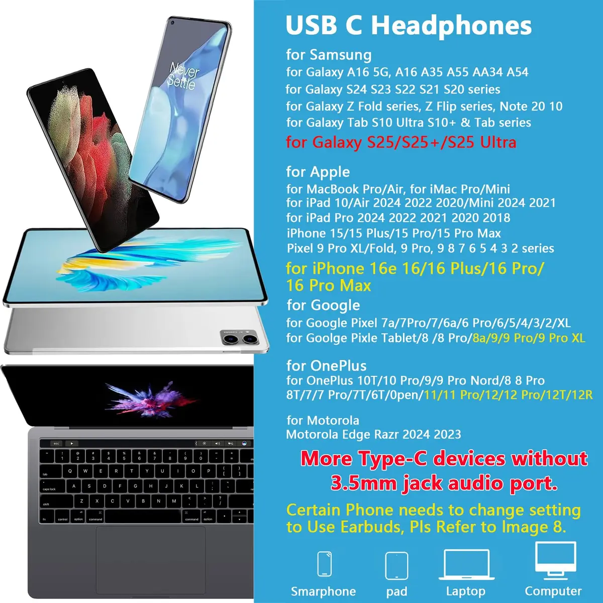 iHoto USB C Wired Earbuds for Samsung Galaxy A17 A16 5G | Hi-Fi Sound & Ergonomic Fit - view 7