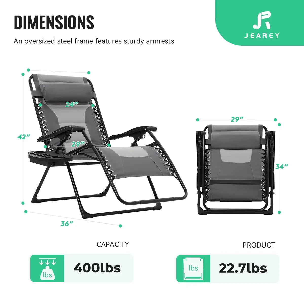 JEAREY Zero Gravity Chair, Oversized Padded Recliner - Grey/Light Grey | 29" Wide, 400 lb Capacity, Lock Recline, Foldable - view 3
