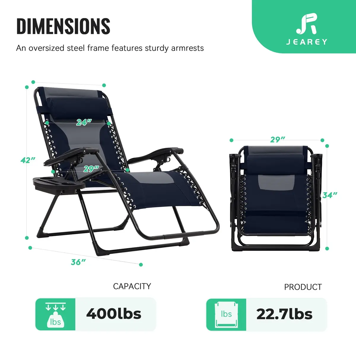 JEAREY Zero Gravity Chair, Oversized Padded Recliner - Navy/Grey | 400 lbs Capacity, 29" Wide Seat, Lock Recline, Foldable Steel Frame, Headrest & Side Tray - view 3