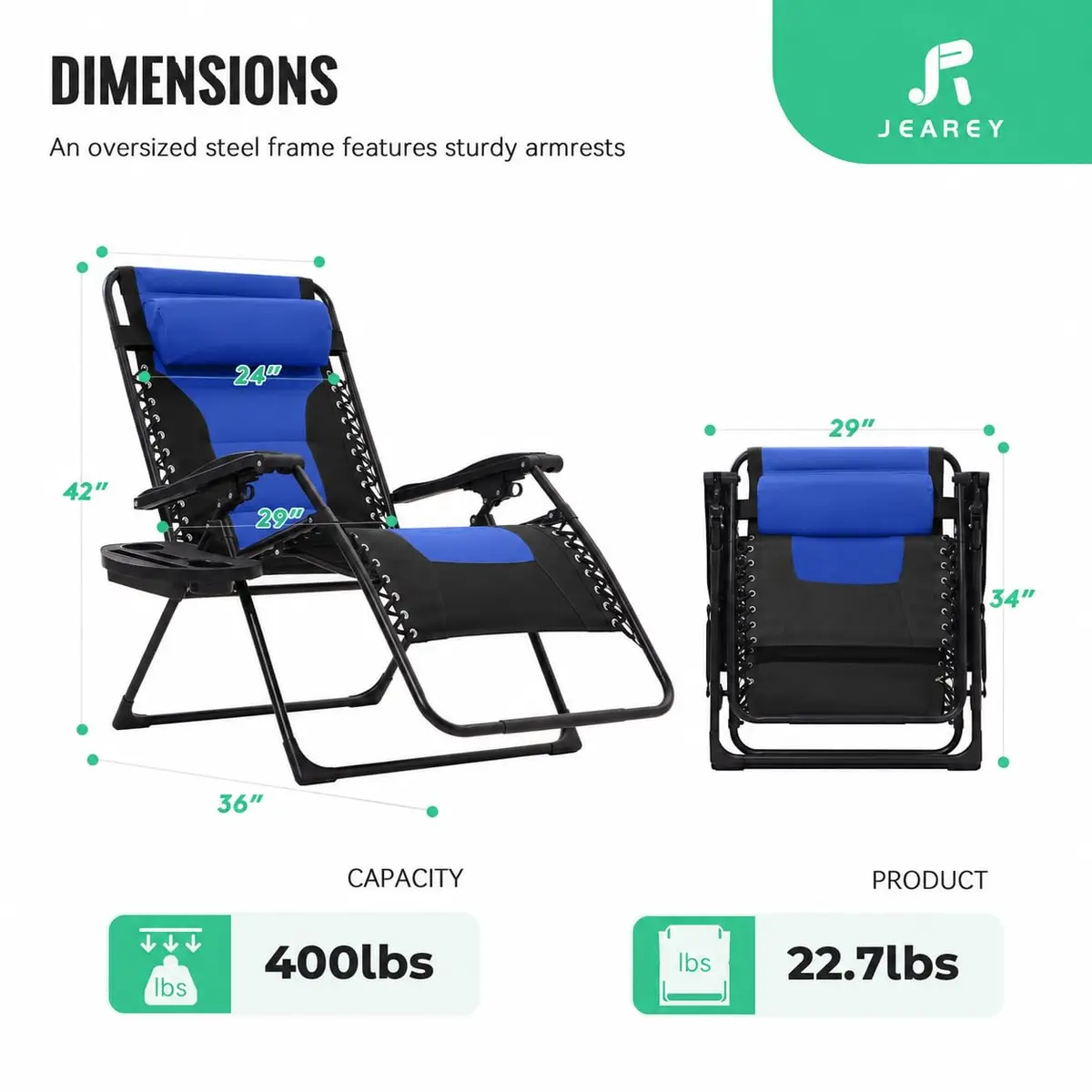 JEAREY Zero Gravity Chair, Oversized Padded Recliner - Black/Blue | 400 lbs Capacity, 29" Wide Seat, Lock Recline, Foldable Steel Frame for Patio & Garden - view 3