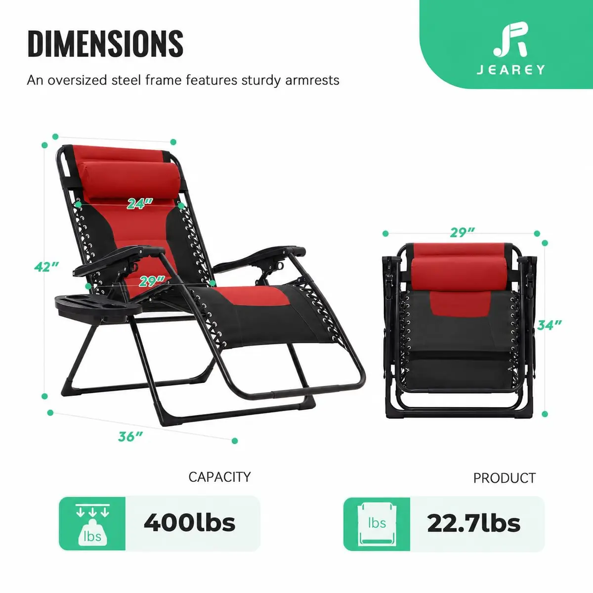 JEAREY Zero Gravity Chair, Oversized Padded Recliner - Jet Black/Red | 29" Wide Seat, 400 lb Capacity, Lock Recline, Foldable Steel Frame - view 3