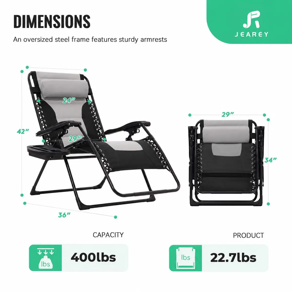 JEAREY Zero Gravity Chair, Oversized Padded Recliner - Black/Grey | 400 lbs Capacity, 29" Wide Seat, Lock Recline, Foldable Steel Frame for Patio & Beach - view 3