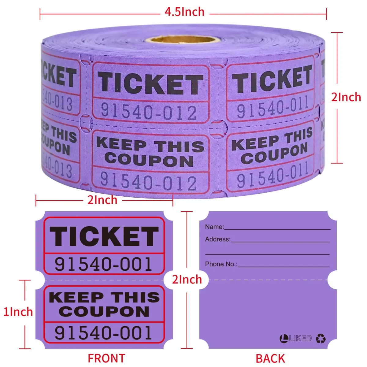 L LIKED Purple Raffle Tickets 2" x 2", Double Roll, 1000 Pairs/Roll | Consecutively Numbered for Events - view 2