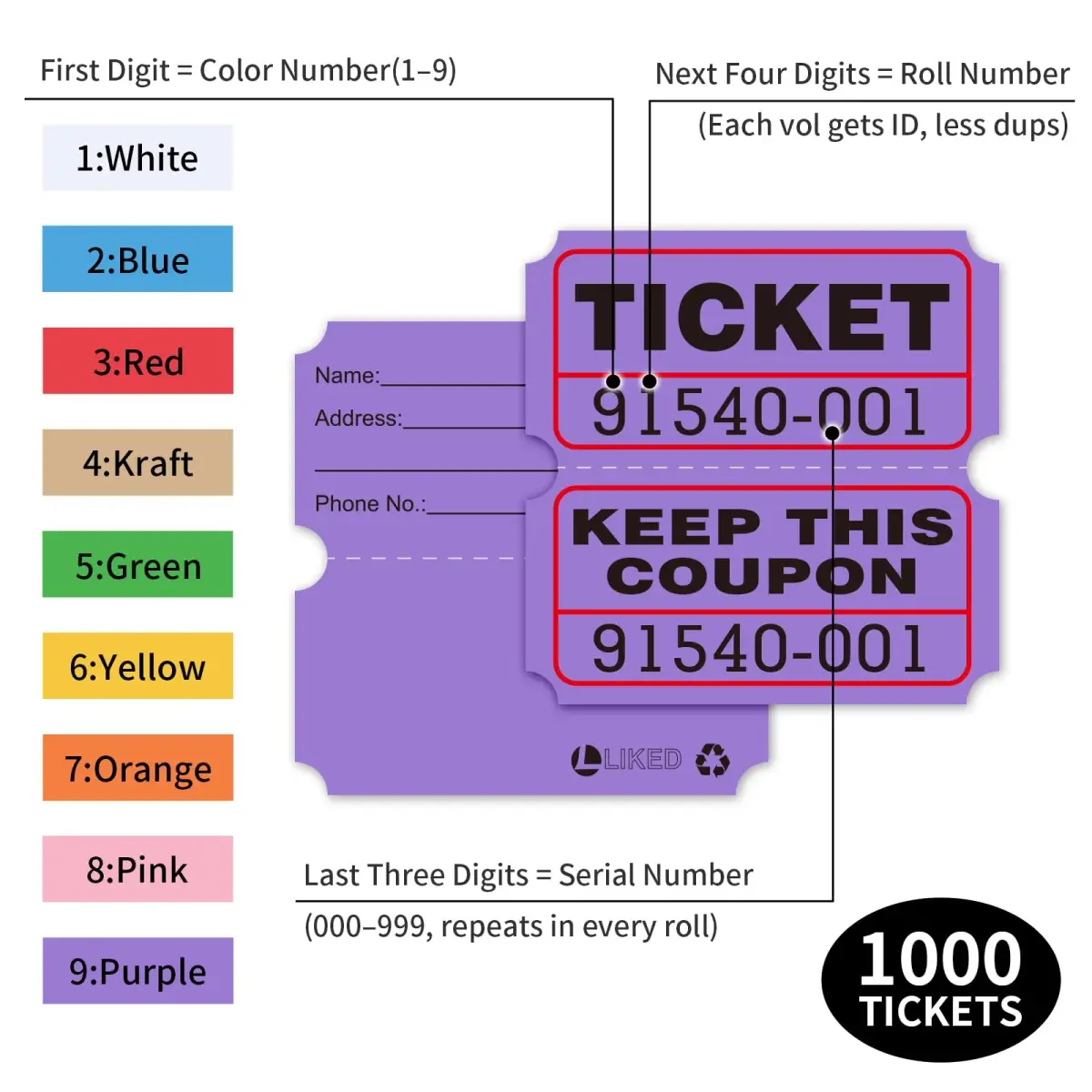 L LIKED Purple Raffle Tickets 2" x 2", Double Roll, 1000 Pairs/Roll | Consecutively Numbered for Events - view 3