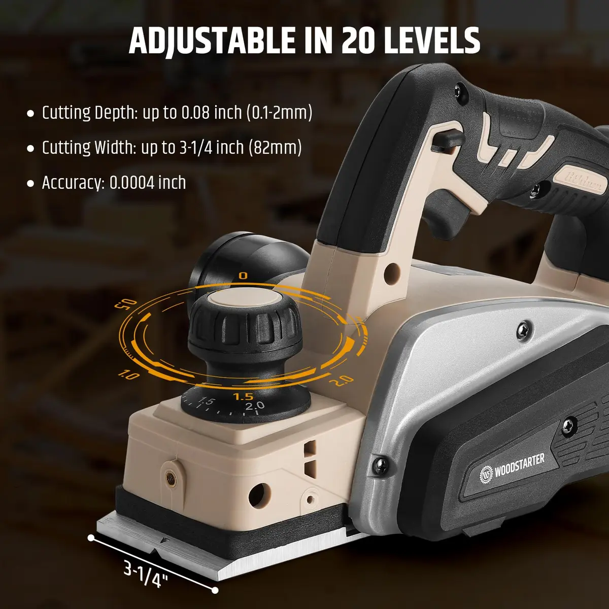 WOODSTARTER Cordless Electric Hand Planer 20V 3-1/4 Inch | Brushless Motor, Battery & Charger Included - view 2