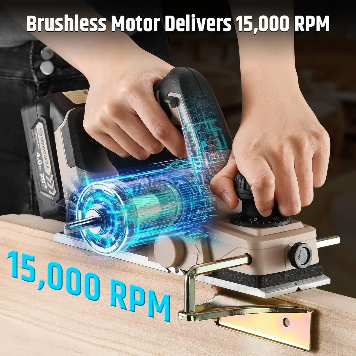 WOODSTARTER Cordless Electric Hand Planer 20V 3-1/4 Inch | Brushless Motor, Battery & Charger Included - view 4