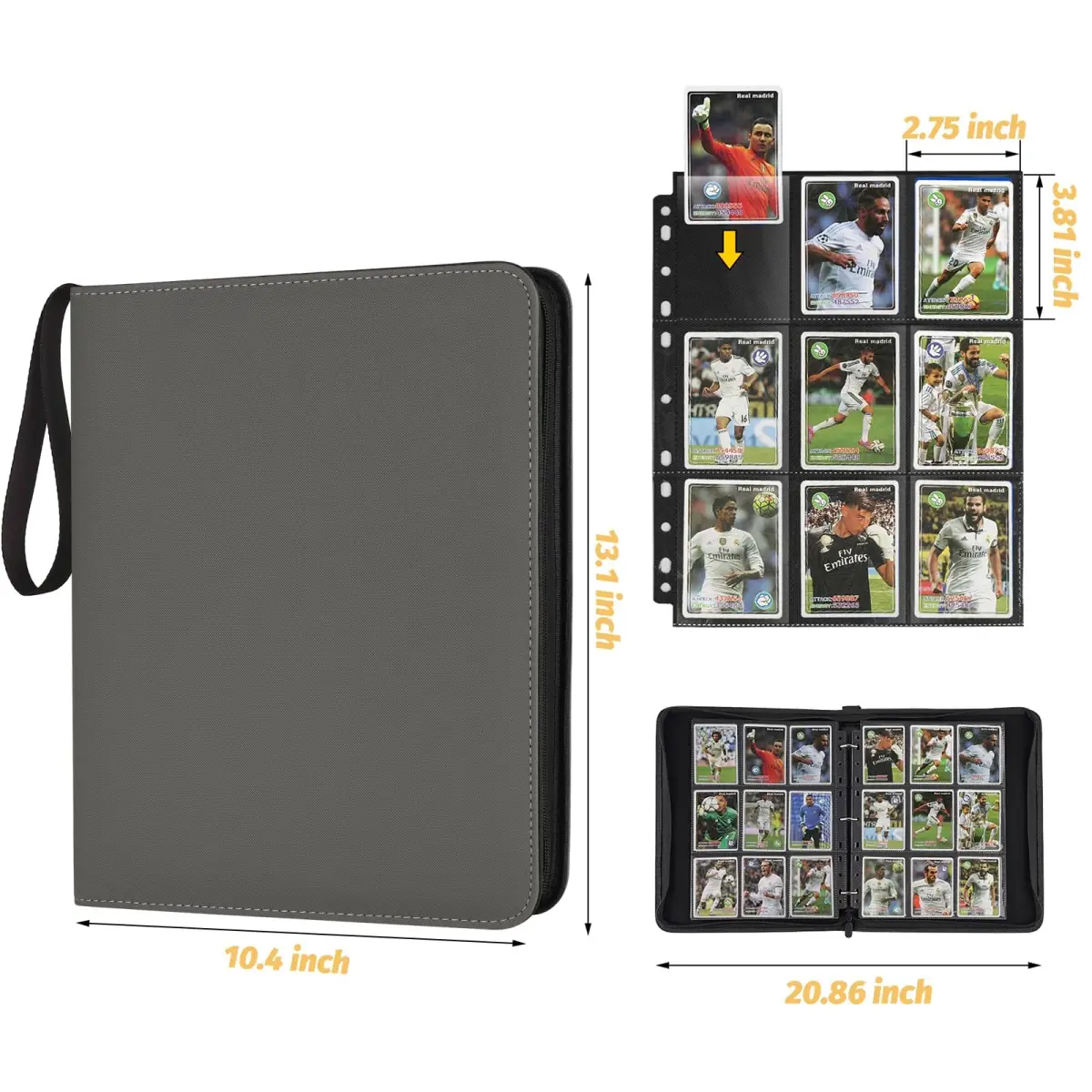 GERMUN 9 Pocket Zipper Card Binder with 40 Pages, 720 Card Capacity, Grey | Archival-Safe PU Trading Card Album Folder - view 2