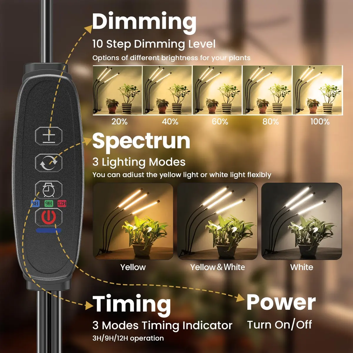 Bseah Full Spectrum LED Grow Light 2 Pack | 3-Head Clip-On with Timer & Dimmable Brightness - view 3