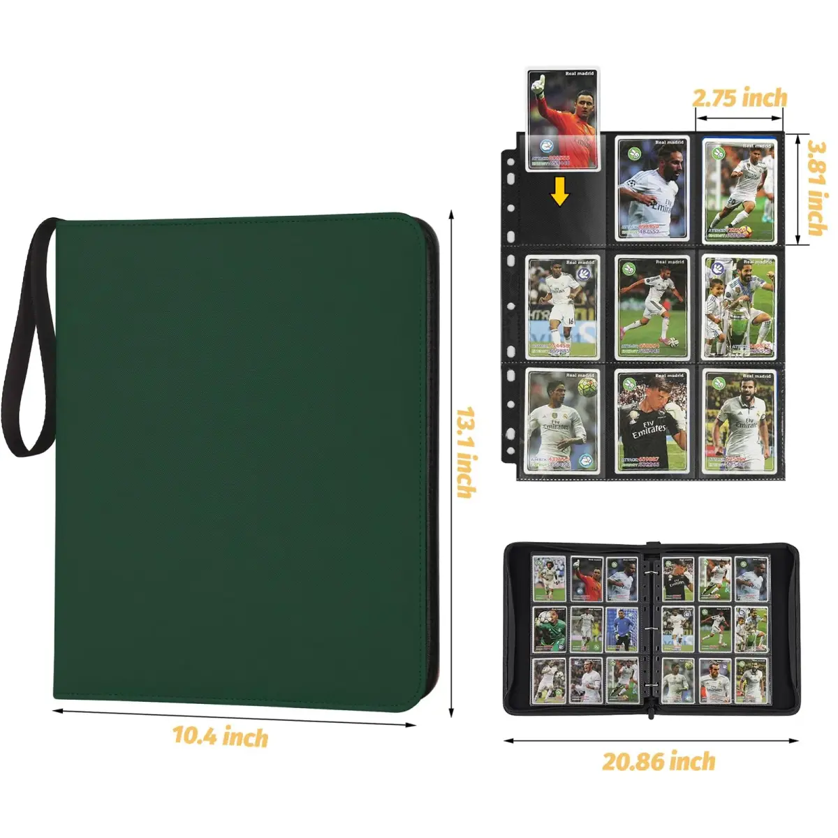 GERMUN 3-Ring 720-Pocket Zipper Card Binder | Archival-Safe PU Trading Card Album Folder (Dark Green) - view 2