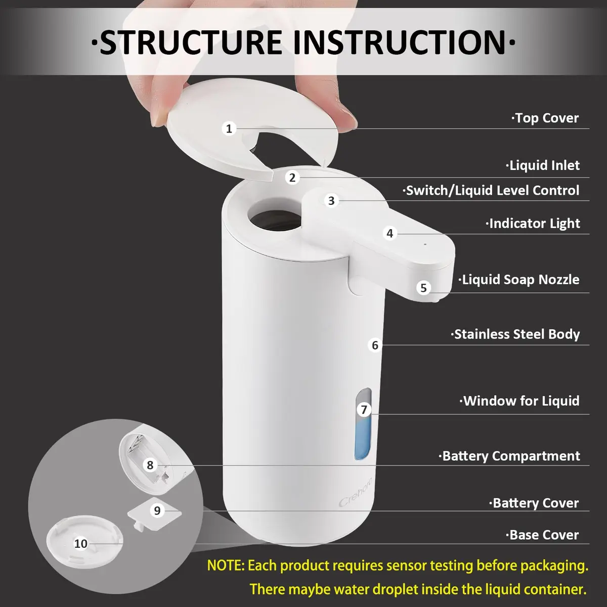 Crehora Automatic Soap Dispenser Touchless, 340ml (12oz) | Hygienic Hands-Free Dispensing for Bathrooms & Kitchens - view 5
