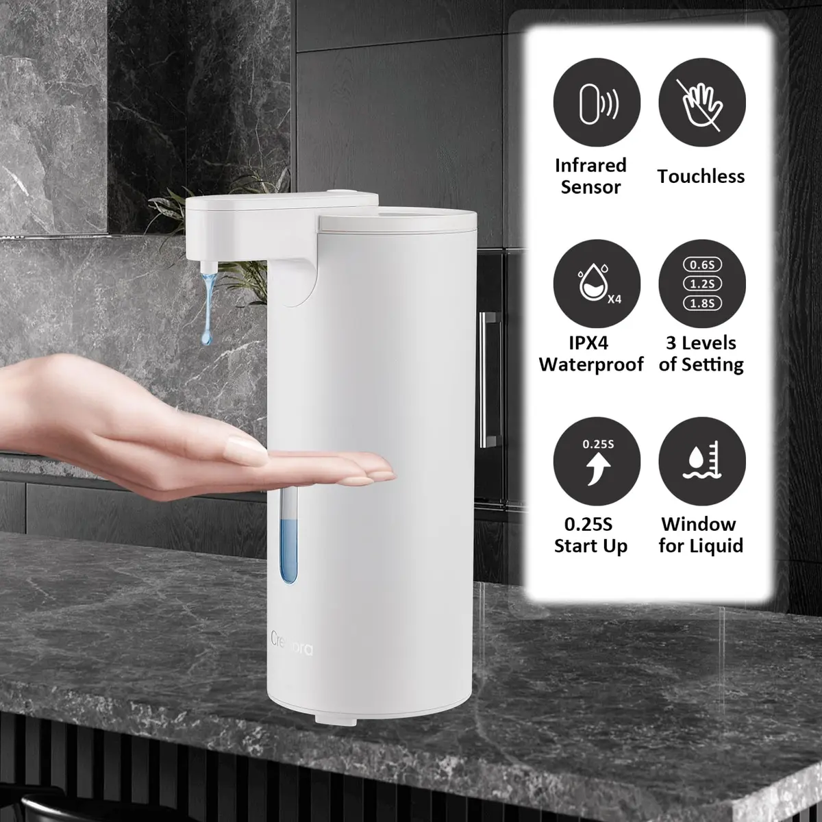 Crehora Automatic Soap Dispenser Touchless, 340ml (12oz) | Hygienic Hands-Free Dispensing for Bathrooms & Kitchens - view 2